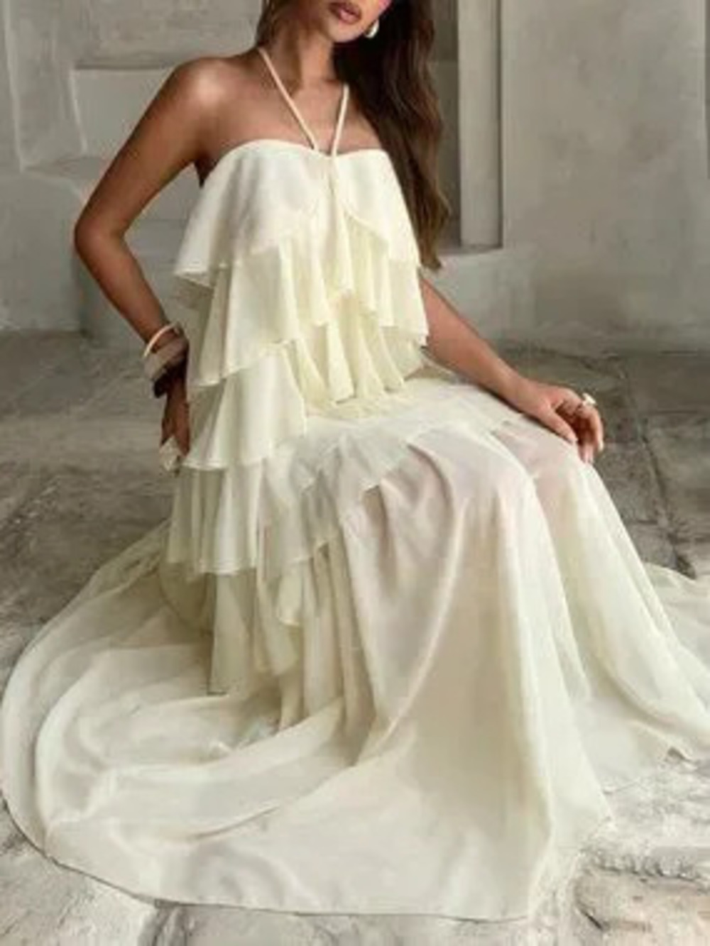 ZARA Apricot Boho Women's Elegant Romantic Layered Ruffle Halter Dress
